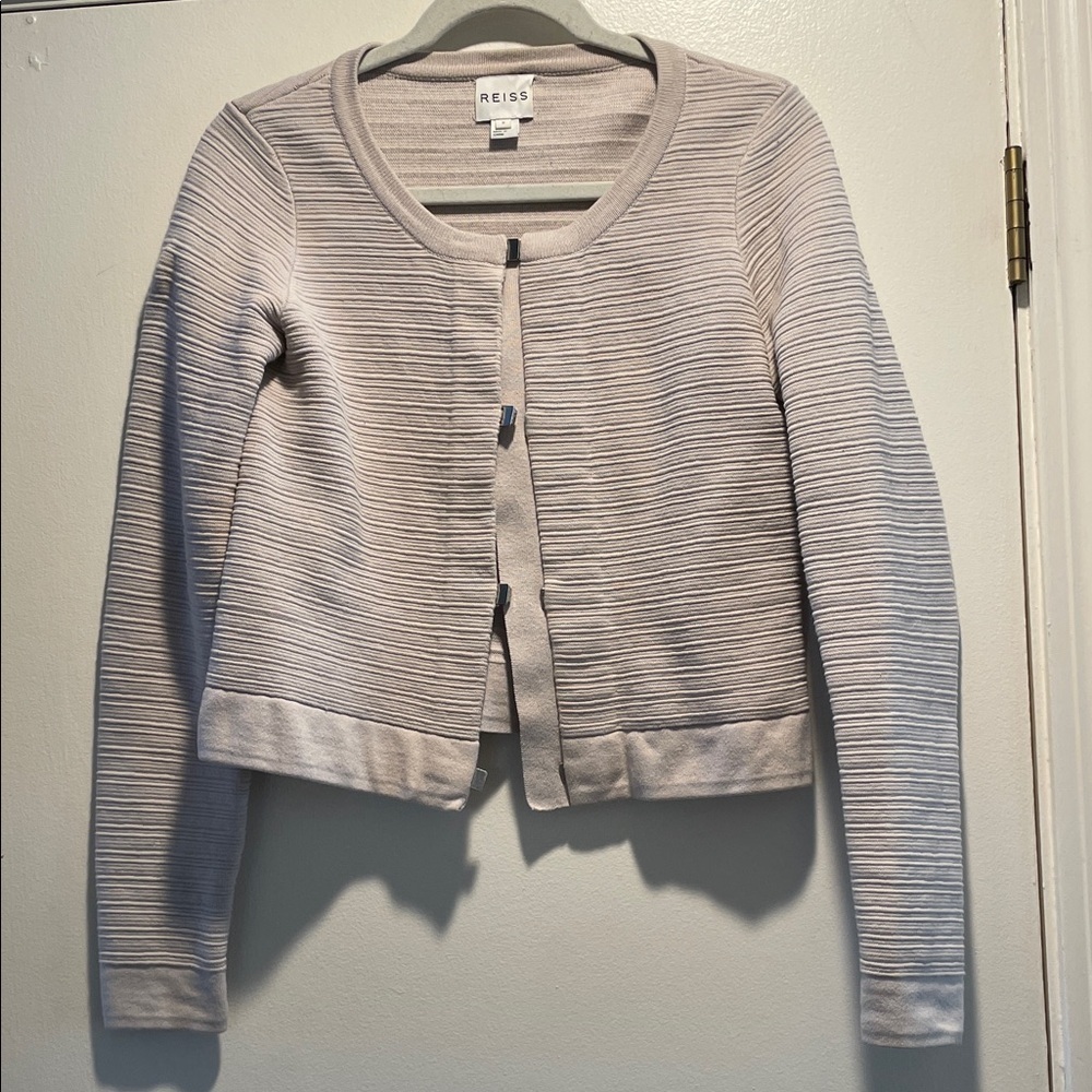 Reiss Women's Soft Taupe Ribbed Textured Silver tone Hook Closure Cardigan